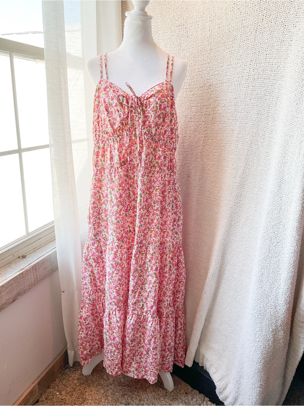 Time and Tru Pink Floral Tiered Maxi Dress with Tie Front